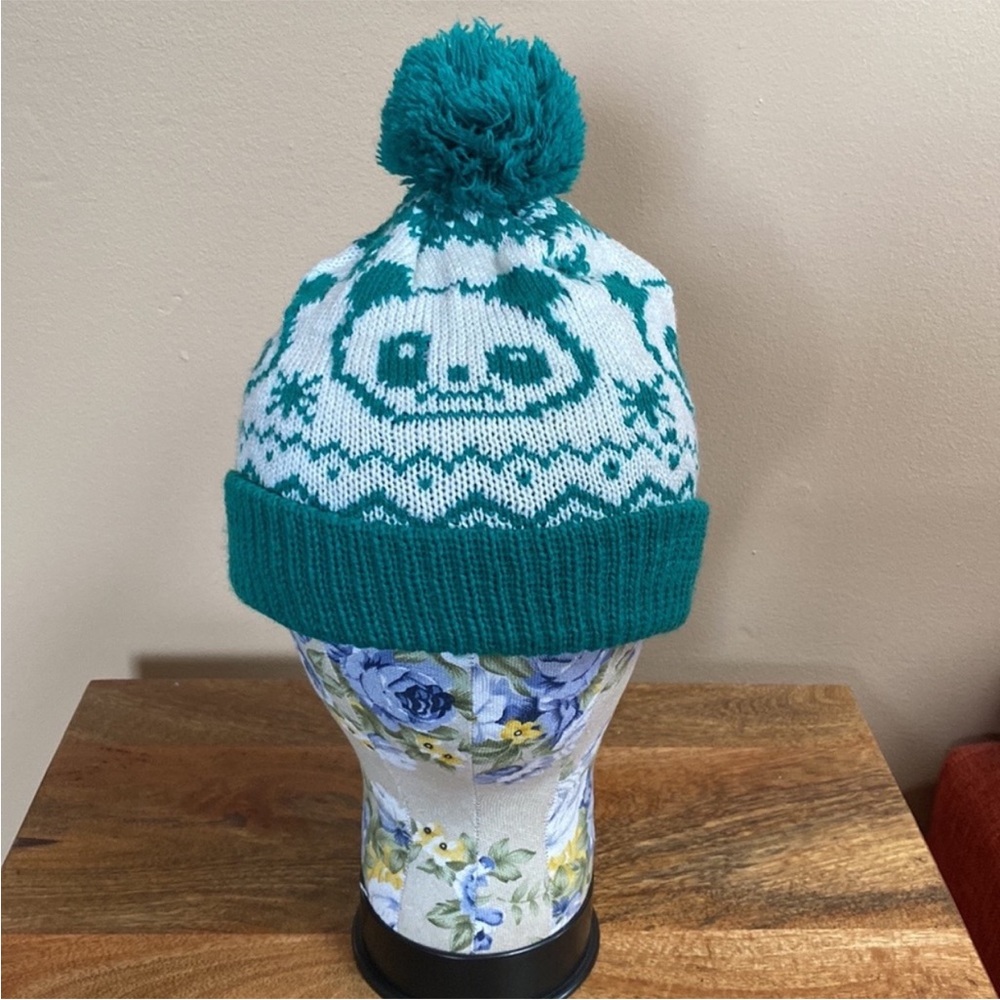VTG 80’S Green Panda Bear Knit Knitted Pom Pom Winter Hat Beanie - Picture 9 of 14